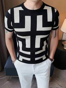 Maglietta da uomo a girocollo a maniche corte in maglia - motivo geometrico nero e bianco. Tessuto morbido per comfort. Ideale per l'abbigliamento casual estivo, le uscite quotidiane e i look alla moda.