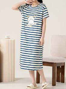 AICJ 1 pieza Vestido camisón casual de media longitud con cuello redondo, manga corta, estampado de rayas y gráfico de letras, adecuado para primavera, Día de la Madre, San Valentín, Año Nuevo