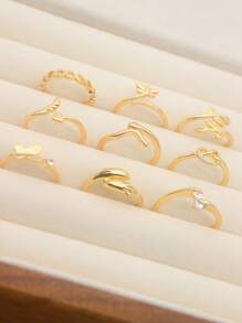 9 Pcs Adjustable Foot Ring Set Snake Butterfly Dragonfly Dolphin Heart Leaf Etc Shape Foot Ring Set For Women Girls - Yellow Gold - View 3
