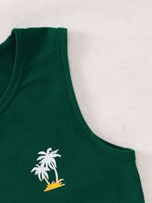 Conjunto de chaleco y pantalones cortos de niños pequeños con estampado de árbol de coco y dibujos animados, traje casual de poliéster adecuado para exteriores, verano