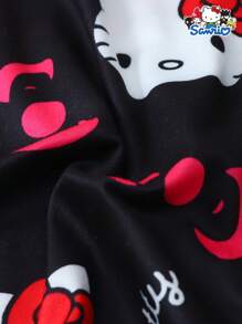 SANRIO 【居家男士】2件套女士春夏三丽鸥Hello Kitty印花翻领纽扣短袖上衣和蝴蝶结短裤睡衣套装，适合居家穿着 - 黑色 - 查看 8