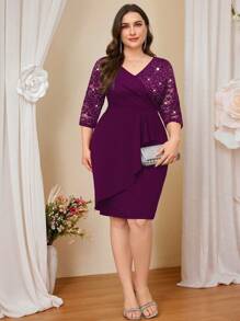 Plus V-Neck Sequin Floral Lace Contrast Ruffle Trim Wrap Hem Evening Party Bodycon Dress, Elegant Semi Formal Wedding Guest Dress, For Birthday, Graduation, Homecoming, For Cocktail - Maroon - View 9