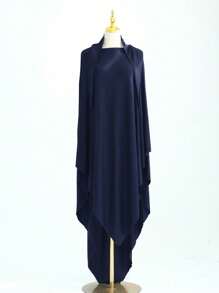 1 件穆斯林女性长袍带头巾，花袖设计，褶皱面料，宽松舒适，适合穆斯林女性日常穿着、祈祷、迪拜时尚、端庄