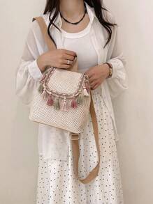 New Fashionable Fringe Design Straw Backpack, Versatile Woven Bag For Beach Vacation - Beige - View 7