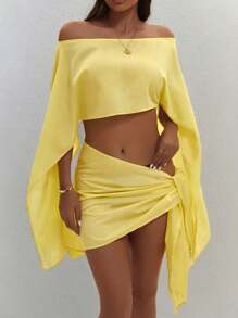 2 件套女士春夏纯色时尚优雅性感派对/海滩/度假露肩短款长袖上衣和系带侧边下摆迷你裙套装 - 黃色 - 查看 6