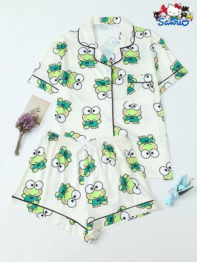 Sanrio Set de 2 piezas de pijama de manga corta con bolsillo y short con lazo estampado con licencia Sanrio, adecuado para usar en casa, primavera/verano