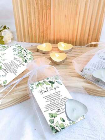 3/15 件婚礼派对礼品套装，白色心形蜡烛，感谢卡和欧根纱袋，婚礼蜡烛礼品，婚礼宾客礼品，伴娘礼品，适用于婚礼、生日、新娘送礼会、派对礼品
