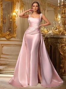 VIPGIRL Vestido de satén sin mangas con drapeado en color rosa champán, con tirantes de lentejuelas y cola larga. Vestido formal elegante de sirena para mujeres, vestidos de graduación, vestidos de noche, vestidos de invitada de boda, lujoso y glamoroso vestido de gala