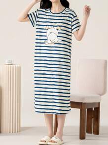 AICJ 1 pieza Vestido camisón casual de media longitud con cuello redondo, manga corta, estampado de rayas y gráfico de letras, adecuado para primavera, Día de la Madre, San Valentín, Año Nuevo