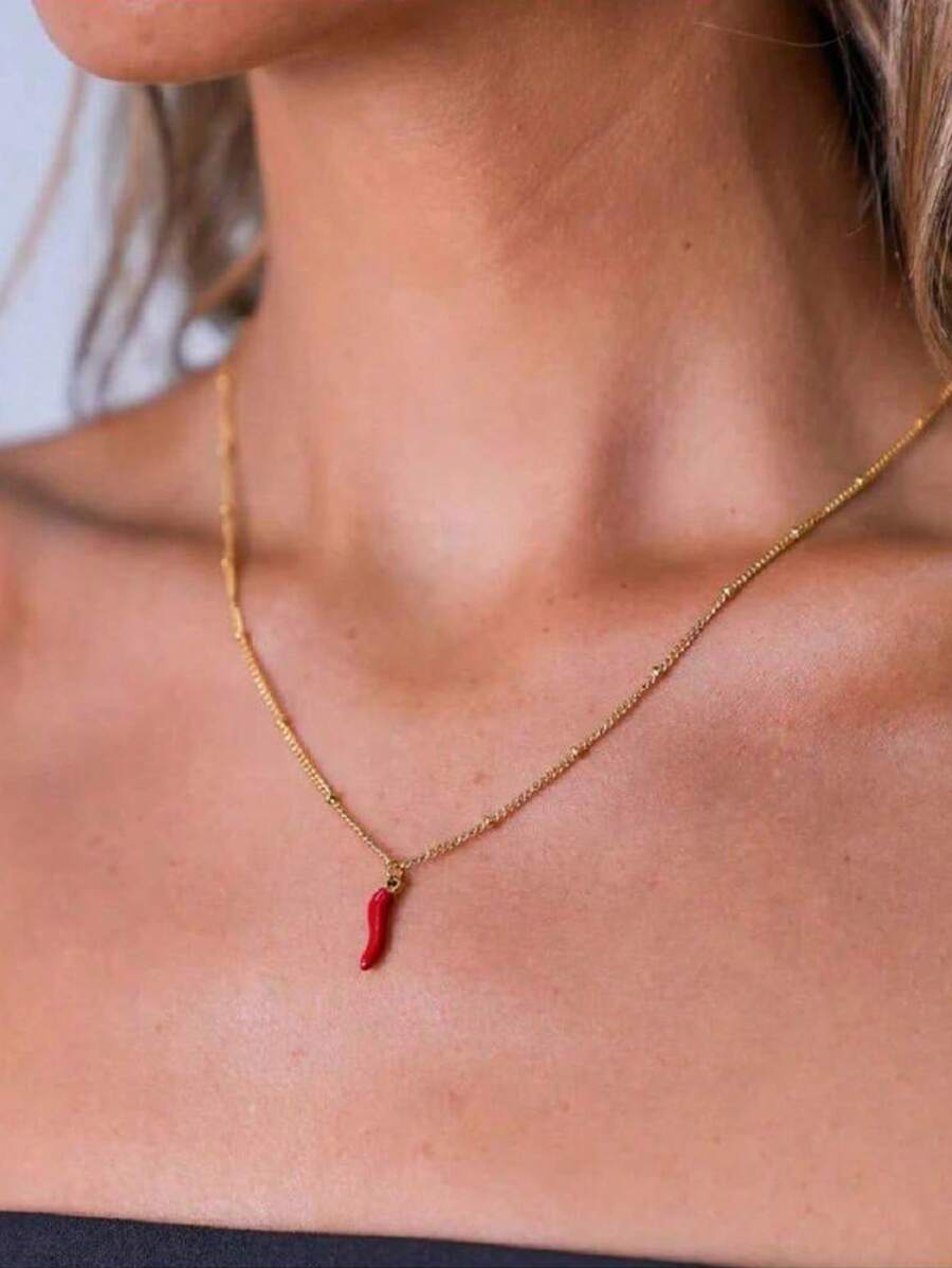 1pc Vintage 18K Gold Plated Stainless Steel Bead Chain With Red Chilli Pendant, Decoration Necklace Suitable For Ladies' Daily And Wedding Wear, Gift - Chili - View 1