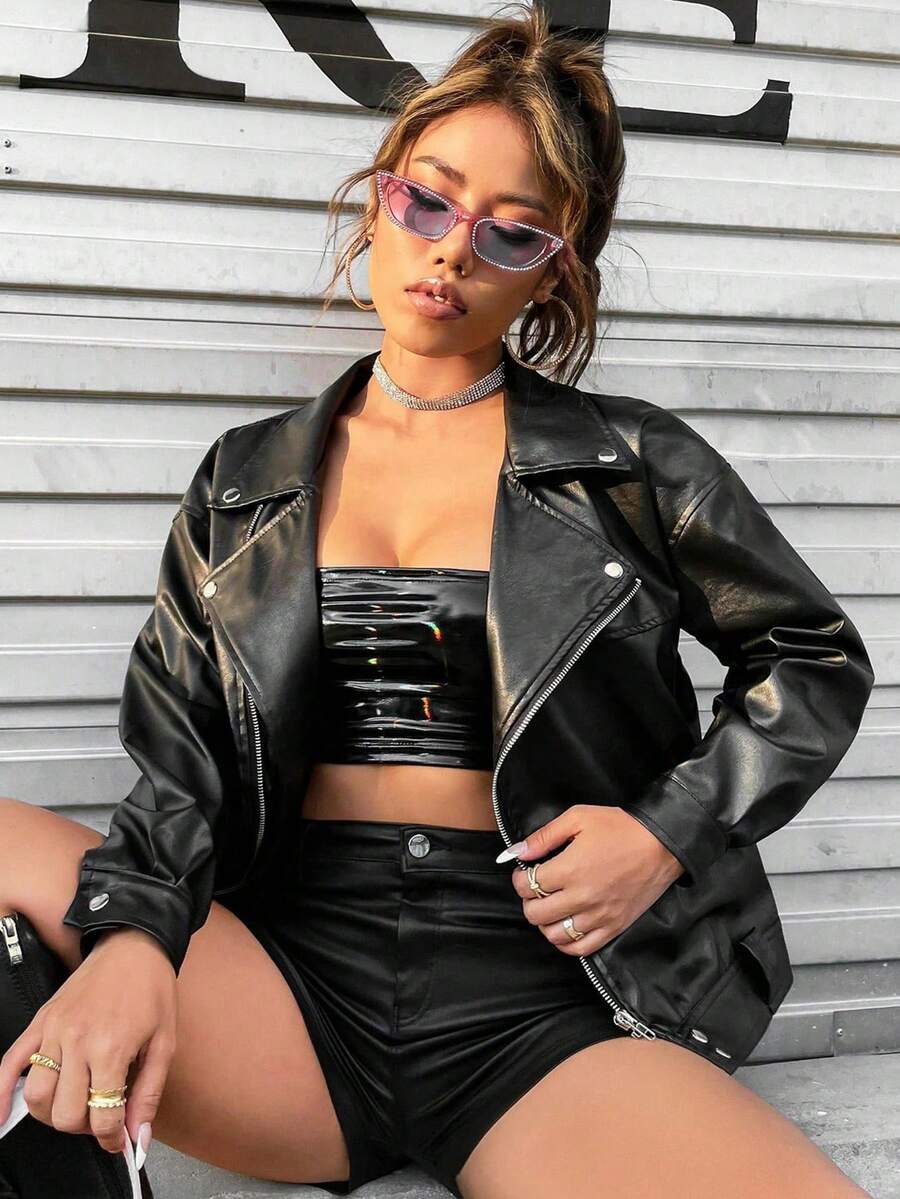 Drop Shoulder PU Leather Biker Jacket - Black - View 1