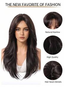 Peluca sintética resistente al calor con onda natural larga, división central, raya media, negro marrón de 26 pulgadas, natural diaria, suave y realista (sin accesorios)