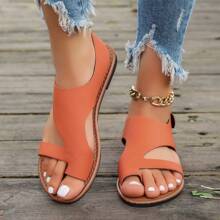 Women's Summer New Hook And Loop Breathable Open Toe Flat Sandals, Plus Size Hollow Out T-Strap Flat Sandals, Summer Elastic Band Carved Beach Slippers