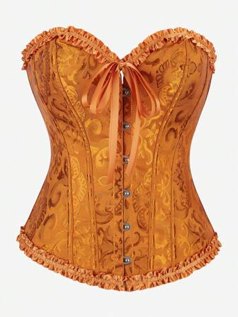 Corset Overbust Bustier, Classic Corset Shapewear, Strapless Sweet Fitted Boned Bodysuit, Ruffle Trim Waist Cincher, Backless Tummy Control Top, Suitable For Masquerade, Halloween