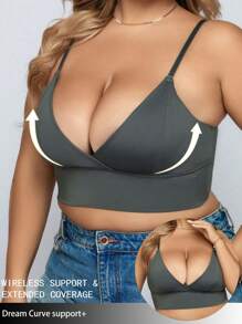 Plus Size Women Front Closure Wireless Comfy Bra - Dark Green - View 5