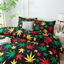 3 件彩色叶子图案数码印花羽绒被套套装（1 个羽绒被套、2 个枕套，不含填充物）