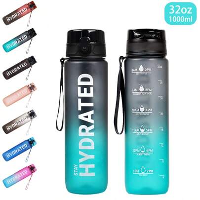 1 pièce Bouteille d'eau de sport grande capacité durable 26 oz/34 oz (750 ml/1000 ml), avec couvercle et sangle de poignée tressée, étanche, ouverture d'un seul clic, marquages de temps et de volume, convient pour le cyclisme en plein air, le camping, la fitness, la course, le basket-ball, l'école, Pâques, la Fête de l'Indépendance, la Fête des Mères, les cadeaux d'anniversaire