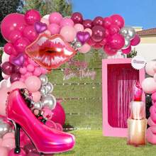 100 Stück/Set Prinzessin Hochhackenschuh Make-up Thema rosa & silberne Ballon Girlande Bogen Set, inklusive Hochhackenschuhe, Lippenstift, Lippen, Herz Folienballons, dunkelpink & silberne Prinzessinnen Themen Ballons, geeignet für Make-up Thema, Geburtstags Party Dekoration, Hochzeit, Junggesellinnen-Abschied, Jubiläum, Abschlussfeier Deko