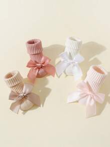 4 pares de calcetines de algodón para bebé/niña pequeña con lazo decorativo y antideslizantes hasta el tobillo, aptos para gatear en el suelo de interior