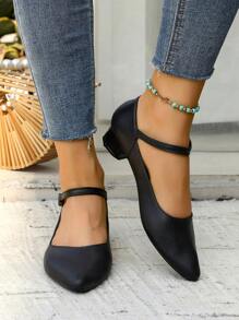 2025 Spring/Summer New Pointed Toe Mid Heel Slip-On Shoes, Shallow Strap Fashionable Minimalist Flats - Black - View 4