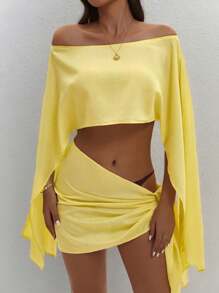 2 件套女士春夏纯色时尚优雅性感派对/海滩/度假露肩短款长袖上衣和系带侧边下摆迷你裙套装 - 黃色 - 查看 7