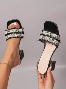 Pearls Decor Slide Sandals, Summer Outdoor Goddess Style Chunky Heel Slides - Black - View 4