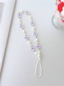 1pc Flower & Pearl Decorated Silver Ring Phone Lanyard, Universal Key/Earphone Case Holder Gifts For Mother, Family, Friends, Birthday, Holiday Phone Charm, Phone Chain