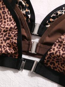 3pcs Women's Front Closure Wireless Bra Set, Cheetah Print Top - Multicolor - View 4