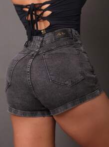 Short Jeans Hot Pants With Elastane High Waist Lycra Peg Vest - 深灰色 - 查看 2