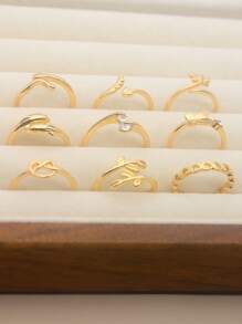 9 Pcs Adjustable Foot Ring Set Snake Butterfly Dragonfly Dolphin Heart Leaf Etc Shape Foot Ring Set For Women Girls - Yellow Gold - View 5