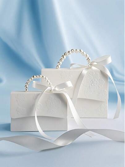 10个/2个套装 - 仿珍珠装饰礼品袋，简约派对包装袋，珍珠手柄装饰纸质礼品盒，优雅纯白礼品包装盒，适用于情人节、婚礼礼物，压花迷你包装袋纸质礼品套装盒，小礼品袋，婚礼回礼，派对装饰，母亲节礼品盒