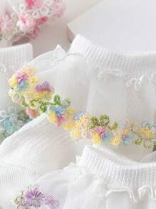 4 paia di calzini da bambina/ragazza in in rete traspirante, con ricamo floreale, bordatura in pizzo stile campagna francese, principessa, per primavera/estate - Multicolore - Visualizzare 5