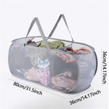 透气、坚固、可折叠、节省空间 3 分隔洗衣篮、带手柄、开口大、有侧袋的网状弹出式洗衣篮、透气、坚固、可折叠、节省空间的设计、礼品洗衣篮、洗衣篮浴室收纳盒、篮子、储物篮、可折叠洗衣篮