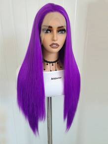 Peluca recta larga de 26 pulgadas con frente de encaje morado de 13"X4" elegante, peluca de frente de encaje sintético con línea del cabello previamente desvainada, cabello de fibra resistente al calor, peluca recta sedosa para mujeres, cosplay, fiestas, uso diario - Morado - Ver 6