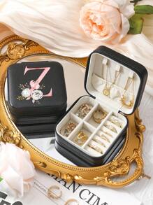 A-Z Floral Letter Pattern Travel Jewelry Box, Portable Zipper Travel Jewelry Storage Box, Gift Box For Women, PU Leather Waterproof Jewelry Box For Rings, Pendants, Earrings, Necklaces, Etc. - Gift Boxes For Girls And Women, Sun Travel Cool Back To School