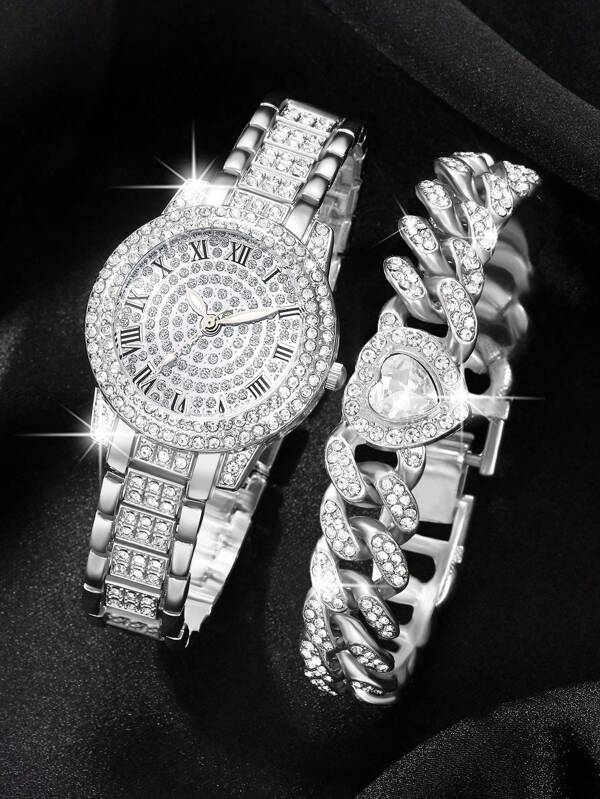 2 pièces Montre de femme avec tout le corps orné de strass et pierres précieuses, montre à quartz et bracelets de cœur en pierres précieuses pour femme. Convient pour le port quotidien, la rentrée des classes, la saison de remise des diplômes, Thanksgiving, les couples. Coffret de montre non inclus.