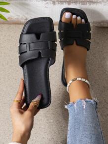 女士夏季新款时尚EVA塑料露趾沙滩度假平底凉鞋，舒适透气防滑一脚蹬拖鞋 - 黑色 - 查看 5