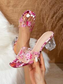 Women's Fashion Printed TPU Soft Bottom Peach Sandals, Transparent Crystal Chunky Heels,Spring Summer Outfits - Pink - View 1