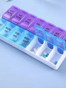 1 pieza/2 filas 14 compartimientos Caja de pastillas azul y morada, portátil y conveniente tamaño de viaje gran capacidad a prueba de humedad sellada, buena identificación organizador de pastillas/cápsulas de mañana y noche con braille, caja de almacenamiento semanal de 7 días de medicación con compartimientos AM/PM
