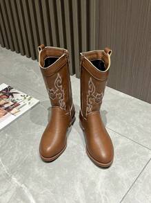 Kids Western Embroidered Cowboy Boots, New Simple Style Boys/Girls Boots, Retro Mid-Calf Versatile Riding Boots, Suitable For All Seasons