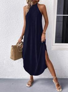 Women's Solid Color Halter Neck Casual Summer Dress - Navy Blue - View 1