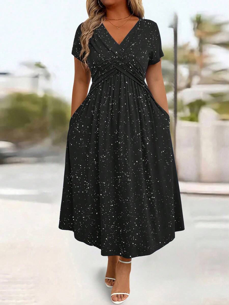 Women's Plus Size Elegant Dotted Twist Bodycon Dress - Black - View 1