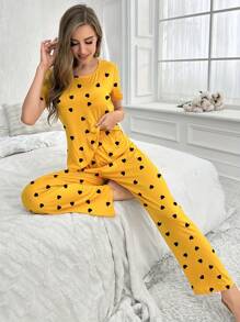 Pijama informal de 2 piezas con estampado de corazones para mujer, top de manga corta y cuello redondo y pantalones, conjunto de ropa de dormir de verano para vacaciones