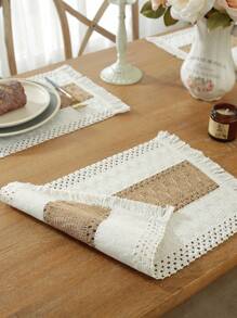 1PC Personalized Embroidered Monogram Boho Placemats , Woven Placemats Cloth Placemats, Rustic Rectangular Beige Macrame Placemats For Rustic Wedding Family Gatherings Dining Table Kitchen,Mother's Day Gifts - Multicolor - View 6
