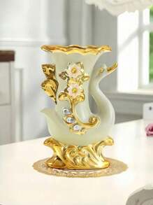 1pc Elegant Ceramic Swan Vase With Golden Accents - Living Room Decorative Vase, Swan Figurine For Living Room, TV Cabinet, Liquor Cabinet, Artificial Flowers, Upgrade Ambiance, Beautiful Housewarming Gift