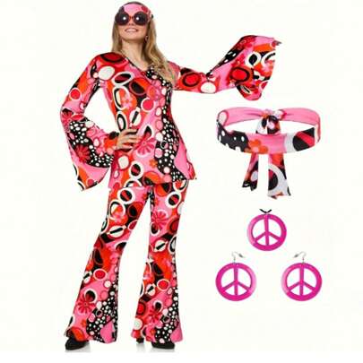 Zestaw 5 elementów w stylu retro hippie z lat 70. z naszyjnikiem i kolczykami w stylu vintage dla dziewcząt i kobiet (położenie wzoru losowe) (bez okularów) Subersywny, seksowny styl, strój festiwalowy, prezent świąteczny, strój na wyjście, odzież imprezowa, elegancki strój, kwiatowy, stroje dla dorosłych kobiet, przebieranki na imprezę halloweenową