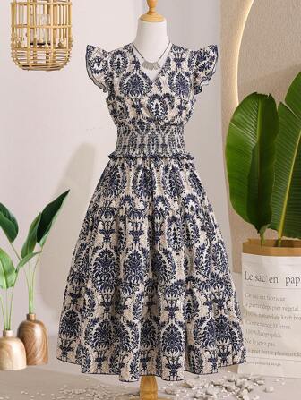 Conjunto de 2 piezas: Top de manga de capucha fruncida informal y minifalda estampada para adolescentes, de verano