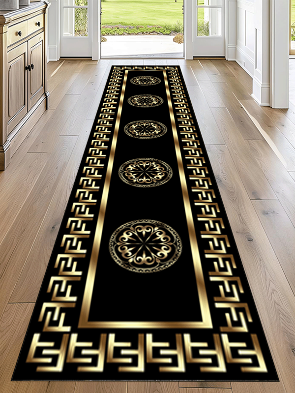 1 peça 'Fundo preto, moldura dourada em 'F', moldura interna de linha sólida, padrão circular dourado no centro' tapete antiderrapante, lavável à máquina, carpete para entrada, sala de estar, quarto, decoração de pátio externo, jardim, quintal, tapete, decoração para casa, decoração de quarto, tapete de área, tapeçaria