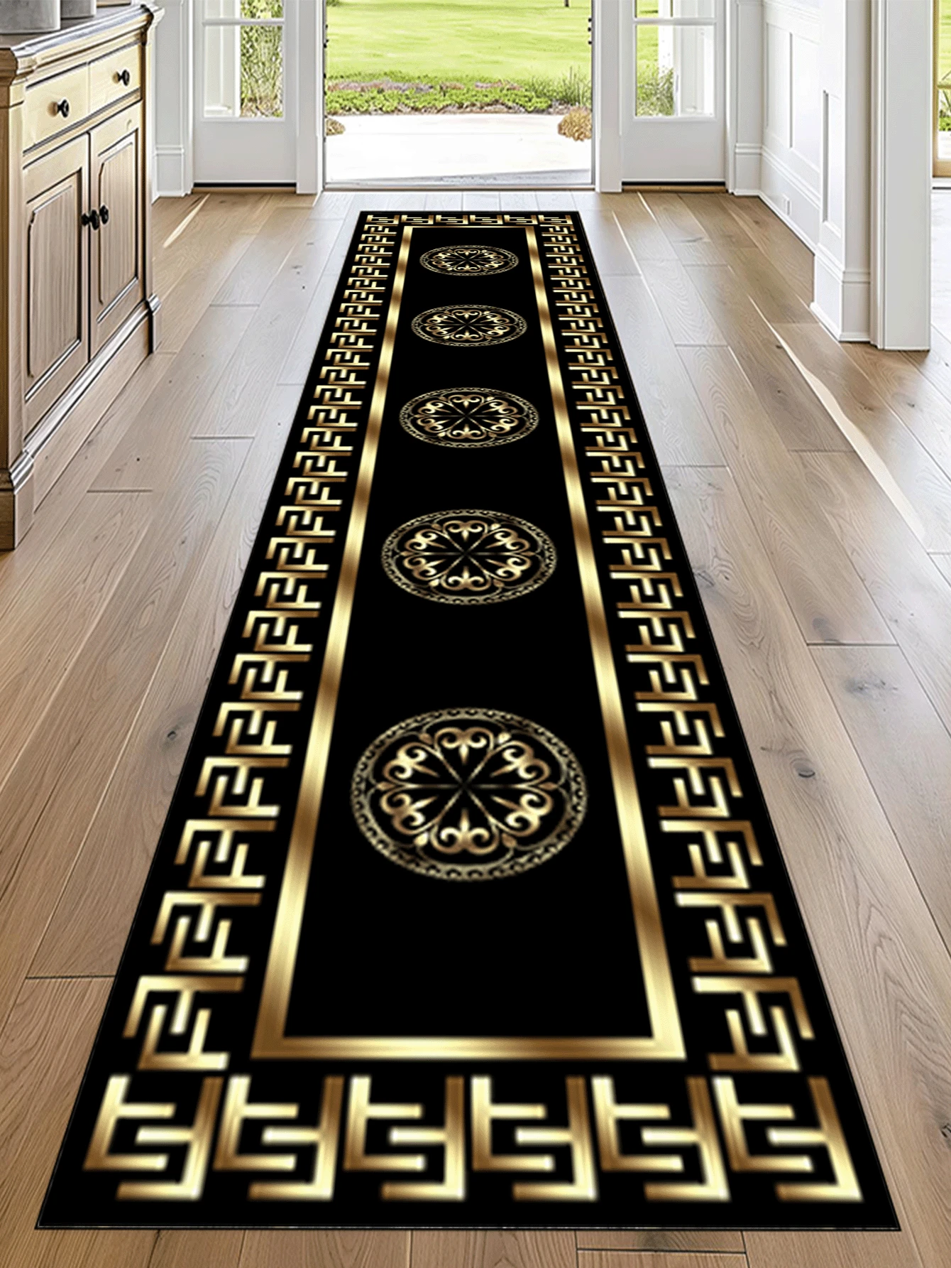 1 peça 'Fundo preto, moldura dourada em 'F', moldura interna de linha sólida, padrão circular dourado no centro' tapete antiderrapante, lavável à máquina, carpete para entrada, sala de estar, quarto, decoração de pátio externo, jardim, quintal, tapete, decoração para casa, decoração de quarto, tapete de área, tapeçaria