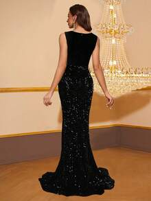 1pc Sleeveless V-Neck Rhinestone & Sequin Bead Patchwork Sexy Dress, Party Dress, Prom Dress - Black - View 3